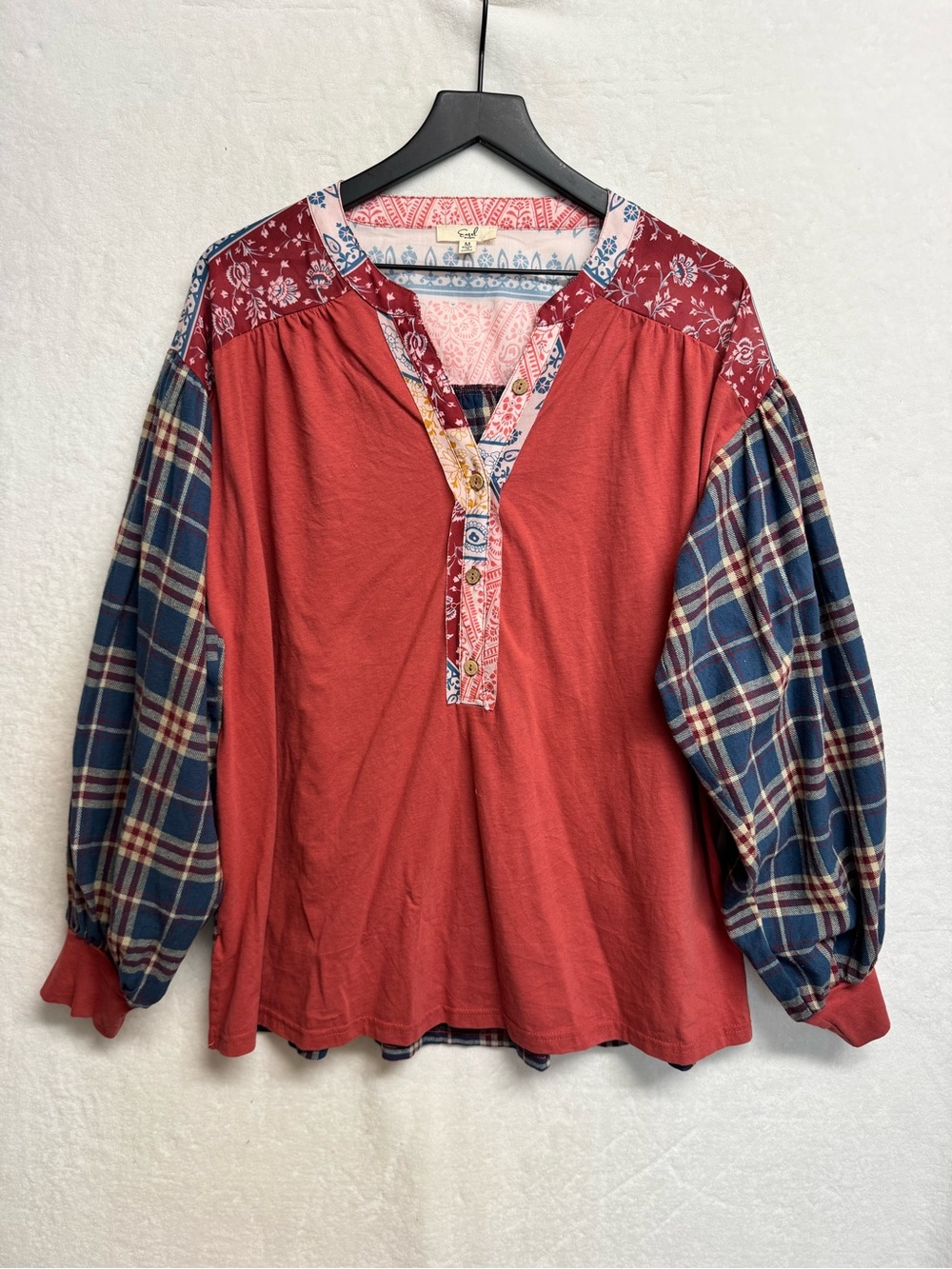 Easel Medium Burnt Orange Patchwork Plaid Floral Sleeve Pullover TOP Plaid Fall